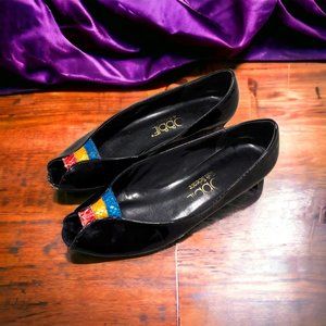 Cobbie Vintage 70s Black Patent Leather Red/Yellow/Blue Peep Toe Heels Size 8.5